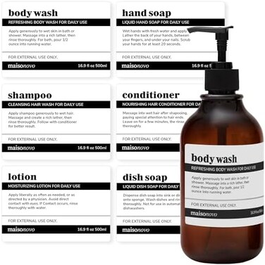 MaisoNovo Classic Waterproof Labels for Dispenser Bottles - 3. 5"x2. 5" Apothecary Stickers - Vintage Farmhouse PeelStick Labels for Amber GlassPlastic Bottles - Kitchen Bathroom Mix Pack 6 Pieces.