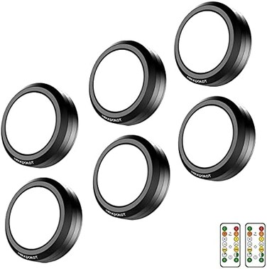 أضواء HOLCPOILOT Puck مع جهاز تحكم عن بعد، ضوء LED يعمل بالبطارية تحت الخزانة / تحت المنضدة، ضوء خزانة قابل للتعتيم، أضواء لاصقة (عبوة من 6 قطع).