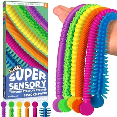 BunMo Stretchy Strings - StimulatingAddictive Fidget Toys for Kids - Hours of Fun - Non-Mouthable Toy 3- Super Sensory 6 Pack.