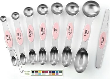 Spring Chef Magnetic Measuring Spoons Set, Dual Sided, Stainless Steel, Fits in Spice Jars, Pink Lemonade, Set of 8.