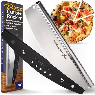 قطاعة بيتزا KitchenStar 18 من شارب، سكين تقطيع من الفولاذ المقاوم للصدأ - نمط هزاز مع غطاء للشفرة، تقطع وتقطع إلى حصص مثالية، آمنة للغسل في غسالة الأطباق - ملحقات فرن بيتزا ممتازة.