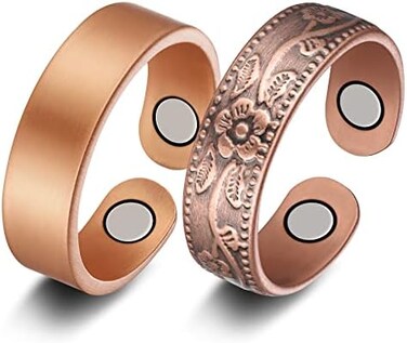 Jecanori 2PCS Magnetic Lymphatic Drainage Therapeutic Rings for Women Men,Magnetic Lymph Detox Ring,Adjustable Lymphatic Drainage Therapeutic Copper Magnetic Ring(Vintage FlowerUncoated Sleek.
