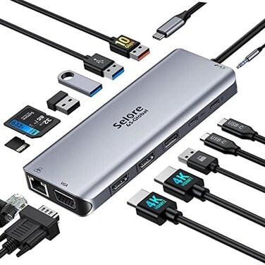 Selore&amp;S-Global USB C Docking Station Dual Monitor,USB C Dual Monitor 2 HDMI Adapter,Triple Display 4K HDMIVGA,14 in 1-3USB3. 02USB2. 0,Gigabit Ethernet,100W PD,SD/TF Card Reader,Type-C Data Transfer,