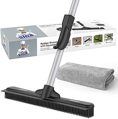 MR.SIGA MR. SIGA Per Hair Removal Rubber Broom with Built in Squeegee, 2 in 1 Floor Brush for Carpet, 62 inch Adjustable Handle, includes One Microfiber Cloth For Floor Dusting.