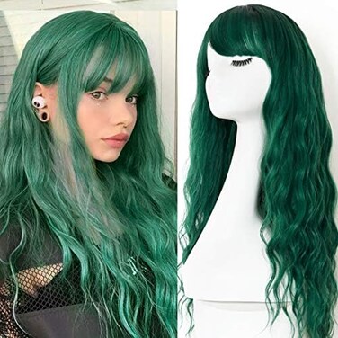 EVLYNN Wigs With Bangs Ombre Dark Green Wig Long Loose Wavy Curly Hair Synthetic Fiber Glueless Dark Root No Lace Wig For Women.