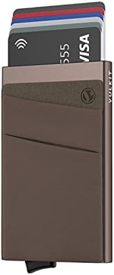 VULKIT Card Holder with Money Pocket Pop Up Wallet RFID Blocking Slim Metal Bank Card Case Holds.