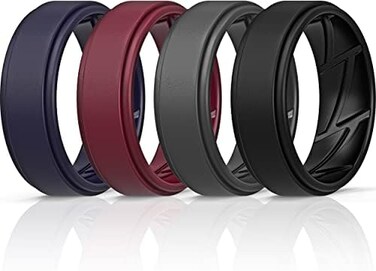 ThunderFit Silicone Wedding Rings for Men Breathable Airflow Inner Grooves, Step Edge Sleek Design Rubber Engagement Bands 8mm Wide 2mm Thick - 1/2/3/4/5/6/7 Variety Multipack.