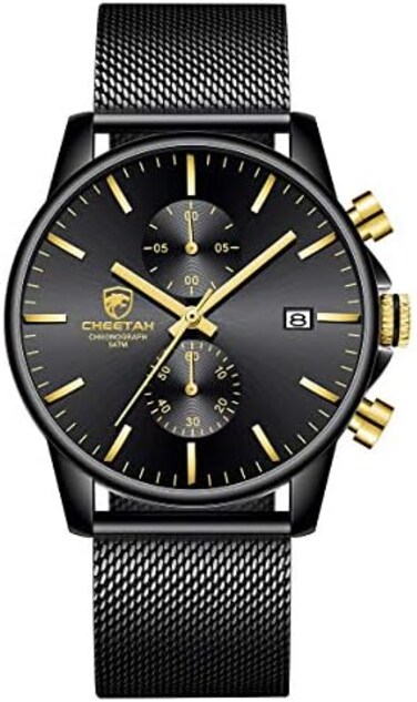 GOLDEN HOUR Mens Watch Fashion Sleek Minimalist Quartz Analog Mesh Stainless Steel Waterproof Chronograph Watches for Men with Auto Date.