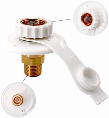 kipa RV City Water Fill Inlet Flange Brass RV Water Hookup Connector FPT 1/2" Female Thread 3" Flange White, with Check Valve backflow Preventer in City Water Connection.