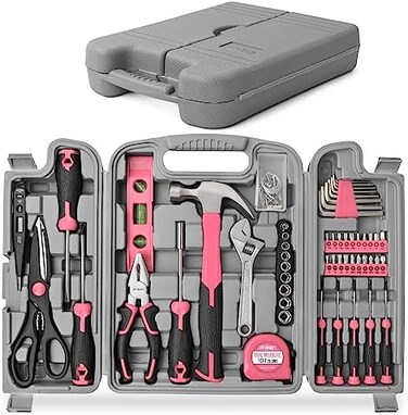 Hi-Spec 54 Piece Pink HomeOffice Tool Kit Set. General DIY RepairMaintenance Hand Tools with Hammer, Pliers, ScrewdriverHex Key Sets. Complete in a Storage Box Carry Case.