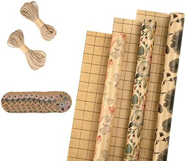 RUSPEPA Wrapping Paper Rolls with Tags, Stickers and Jute String - 17 inches x 10 feet per Roll, Total of 3 Rolls, Flowers.