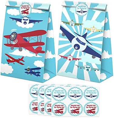 SamPartyShop Airplane Goodie Bags-24 Pcs Airplane Party Favors Candy Bags with Stickers, Airplane Goody Gift Treat Bags Airplane Themed Birthday Party Supplies.