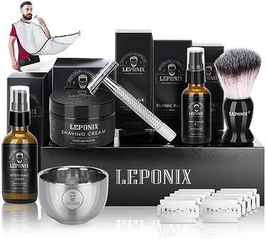LEPONIX Shaving Kit for Men, Include Safety Razor, Sandalwood Shaving Cream, Mens aftershave, Pre Shave Oil, Shaving Brush and Bowl, Shaving Apron Bib -Unique Gifts for Men Him Stocking Stuffers.
