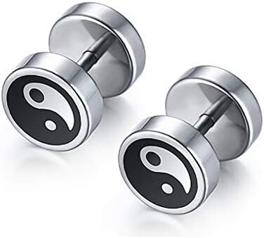 NewZenro 16G Yinyang Black Disc Round Stud Earrings for Men Women Cartilage Stainless Steel Flat Screw Back Fashion Personalized Hypoallergenic Piercing Jewelry Gifts for Birthday Bff Xmas 8mm, Metal,