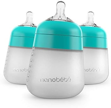 NANOB&Eacute;B&Eacute; Nanobebe Flexy Silicone Baby Bottles, Anti-Colic, Natural Feel, Non-Collapsing Nipple, Non-Tip Stable Base, Easy To Clean - 3-Pack, Teal, 9 Oz.