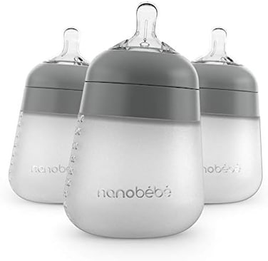NANOB&Eacute;B&Eacute; Nanobebe Flexy Silicone Baby Bottle, Anti-Colic, Natural Feel, Non-Collapsing Nipple, Non-Tip Stable Base, Easy to Clean, 3-Pack, Gray, 9oz/ 270 ml.
