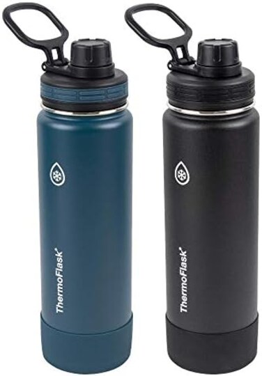 زجاجة مياه ThermoFlask مزدوجة الجدار معزولة بتفريغ الهواء مصنوعة من الفولاذ المقاوم للصدأ، سعة 24 أونصة، عبوة من قطعتين، لون أزرق مايان/أسود.
