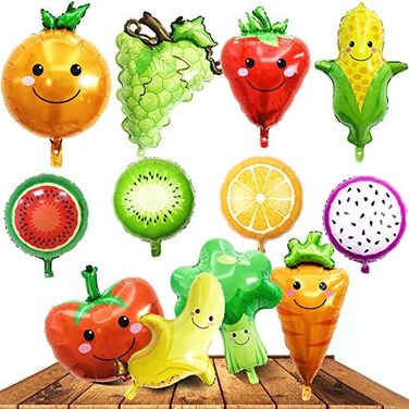 LZYMSZ 12PCS Fruit Vegetable Foil Helium Mylar Balloons, Corn Carrot Orange Tomato Broccoli Strawberry Grape Banana Watermelon Kiwi Party Decoration Supplies for Baby Shower Birthday Christmas Kids Gi