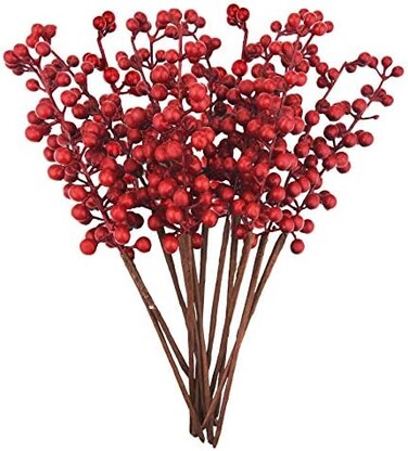 Jmkcoz 12 Pack Artificial Red Berry Stems Branches, Fake Burgundy Berry Picks Holly Berries for Christmas Tree Xmas Valenintes Wreath Decorations Floral Arrangements Home Holiday DIY Crafts Decor.