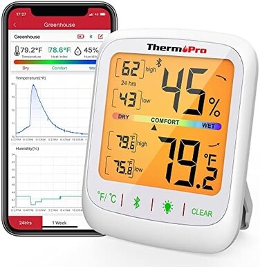 مقياس الرطوبة والحرارة ThermoPro TP359 بتقنية البلوتوث، جهاز مراقبة درجة الحرارة والرطوبة لاسلكي عن بعد بمدى 260 قدمًا، مع شاشة LCD كبيرة بإضاءة خلفية، مقياس حرارة ورطوبة للغرف الداخلية، تسجيلات الحد
