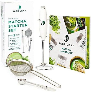 Jade Leaf Matcha Modern Starter Set - Includes: Electric Matcha WhiskMilk Frother, Stainless Steel Spoon, Stainless Steel Sifter, and Printed Handbook.