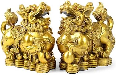 AMTOOCH Feng Shui Brass pixiu/pi yao Statue 2pcs Wealth Prosperity Home Decoration Figurine Attract Money and Good Luck Golden.