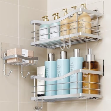 ODesign Adhesive Shower Caddy No Drilling with Soap Dish 3 Tiers Stainless Steel Shower Organizer for Shampoo Conditioner Bathroom Organizer Accessories with Removable Hooks Wall Mounted - RUSTPROOF.