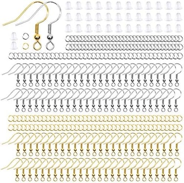 Thrilez Hypoallergenic Earring Hooks, 600Pcs Earring Making Kit with Hypoallergenic Earring Hooks, Jump Rings and Clear Rubber Earring Backs for DIY Jewelry Making (Silver and Gold.