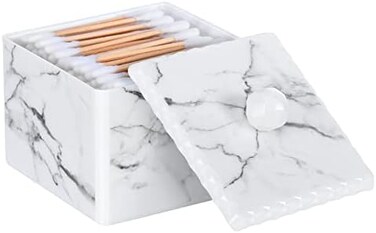 Luxspire Cotton Swab Storage Box with Lid, Q-Tip Swab Holder Cotton Ball Canister Jar Cotton Bud Round Dispenser Box, Cosmetics Makeup Countertop Vanity Bathroom Organizer Containers, Marble White.