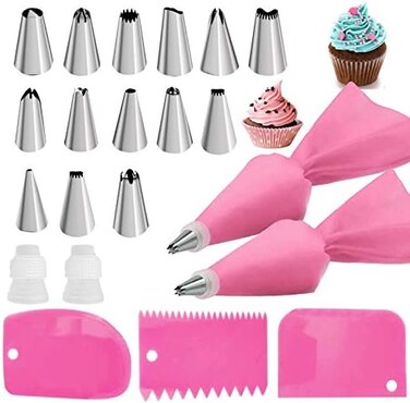 Jutoe 22pcs Piping Bags and Tips set,2 Reusable Silicone Pastry Bag with 14 Stainless Steel Nozzle Icing Tips Set, 3 Icing Smoother2 Couplers1Sealing clip for Baking Decorating Cake Tool (Pink.