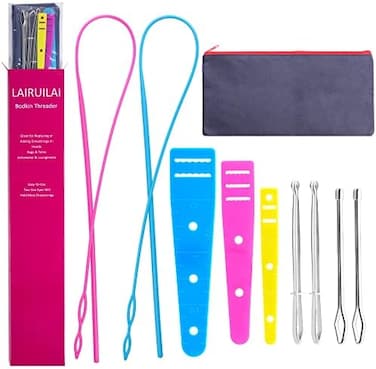 LAIRUILAI 10 Pieces Bodkin Threader Drawstring Threader Set, Including 2 Flexible Plastic Drawstring Threader, 2 Stainless Steel Sewing Loop Turner Hook, 2 Metal Tweezers, 1 Bag, 3 Flat Plastic Thread