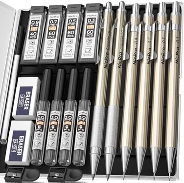 Nicpro 6 PCS Art Mechanical Pencils Set Metal, Artist Drafting Pencil 0. 30. 50. 70. 9 mm and 2mm Lead Holder(4B 2B HB 2HFor Art Writing, Sketching Drawing,With Lead Refills Erasers Storage Box.