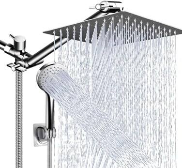 PinWin Shower Head Combo,10 Inch High Pressure Rain Shower Head with 11 Inch Adjustable Extension Arm and 5 Settings Handheld Shower Head Combo,Powerful Shower Spray Against Low Pressure Water with Lo