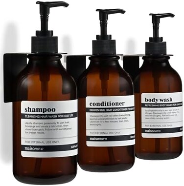 MaisoNovo Shampoo Dispenser for Shower Wall 3 Chamber - Drill Free Shower Soap Dispenser Wall Mount with Waterproof Labels - 3 Bottles 3 Wall Mounts.