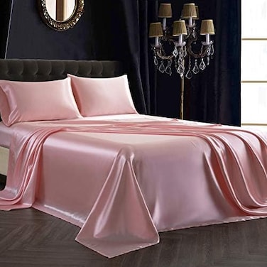 SiinvdaBZX 4Pcs Satin Sheet Set Full Size Ultra Silky Soft Blush Pink Satin Full Bed Sheets with Deep Pocket, 1 Fitted Sheet, 1 Flat Sheet, 2 Envelope Closure Pillowcases.
