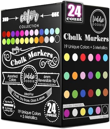 Loddie Doddie Liquid Chalk Markers (24-Pack- Dust-Free Erasable Pens for Windows, Glass, ChalkboardBlackboard - 6mm Reversible BulletChisel Tip.