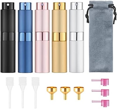 Tekson 5PCS 8ml Travel Perfume Atomizer Refillable, Mini Cologne Spray Bottle Empty, Small Aftershave Portable Sprayer for Liquid Dispenser (Five Colors.