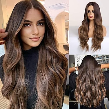HAIRCUBE Long Ombre Brown Wigs for Women,Synthetic Curly Hair Hair Wig Middle Parting.