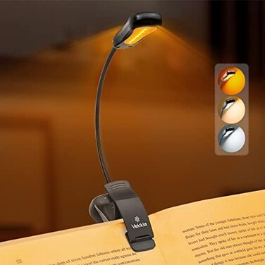 Vekkia/LuminoLite Rechargeable Amber Book Reading Lamp, Clip on Lights for Reading in Bed, 3 Brightness &times; 3 Color Temperature, 2. 1 oz Lightweight, 70 Hrs Reading, Perfect for ReadersKids (Black.