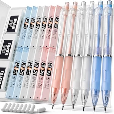Nicpro 23PCS Pastel Mechanical Pencil 0. 50. 7 mm with Case for School, with 12 tubes HB Lead Refills, 3 Erasers, 9 Eraser Refills For Student Writing, Drawing, Sketching, BluePinkWhite Colors.