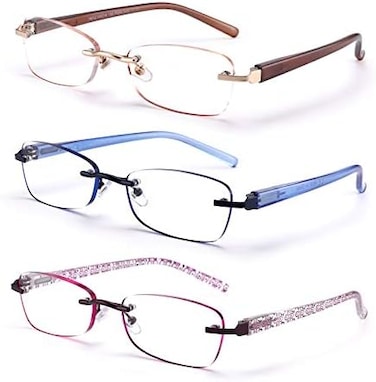 FEIVSN 3-Pack Rimless Reading Glasses For Women, Lightweight Spring Hinge Readers, Classic Elegant Artistic Eyeglasses UV 400.