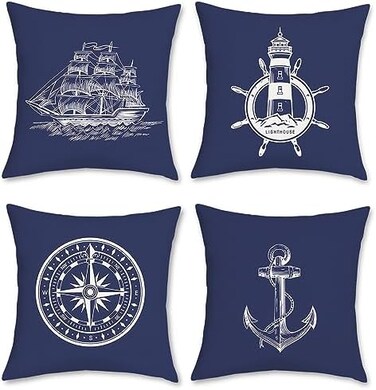 Bonhause Set of 4 Nautical Cushion Covers 45 x 45 cm Navy Blue Anchor Lighthouse Sailboat Compass Polyester Linen Decorative Pillow Case for Sofa Bed Chairs Car Living Room Home Decor.