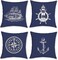 Bonhause Set of 4 Nautical Cushion Covers 45 x 45 cm Navy Blue Anchor Lighthouse Sailboat Compass Polyester Linen Decorative Pillow Case for Sofa Bed Chairs Car Living Room Home Decor.