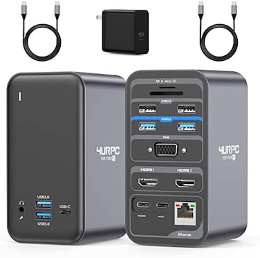 4URPC USB C Docking Station Dual Monitor, Dual HDMI USB C Dock, Laptop Docking Station with 2 HDMI Ports, VGA, 65W Power Adapter,6 USB, Ethernet, SD/TF, Audio/Mic for Dell/Hp/Surface Pro.