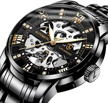 A ALPS Men&rsquo;s Watch Black Mechanical Stainless Steel Skeleton Waterproof Automatic Self-Winding Roman Numerals Diamond Dial Wrist Watch.