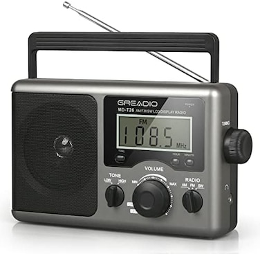 Greadio Portable Shortwave Radio with Best Reception,AM FM Transistor,LCD Display,Time Setting,Battery Operated by 4 D Cell Batteries or AC Power,Big Speaker,Earphone Jack for Gift,Elder,Home.