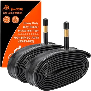 أنابيب دراجات YunSCM شديدة التحمل 700C، مقاسات 700x35C/38C/40C/43C، مزودة بصمام شريدر AV48 (35/43-622700C). متوافقة مع إطارات الدراجات مقاسات 700x35C، 700x36C، 700x37C، 700x38C، 700x40C، 700x42C، 700x