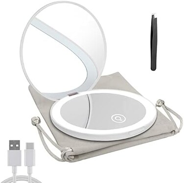 Milishow Compact Mirror with LED Light,1x/10x Magnifying Rechargeable Mirror,3. 5in, Dimmable Travel Mirror for Purse,Pocket,Handheld 2-Sided Makeup Mirror.