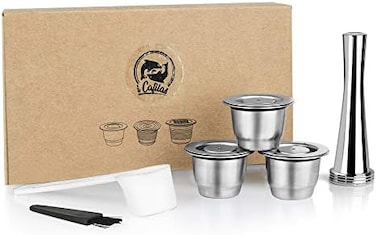 i Cafilas Stainless Steel Refillable Coffee Espresso Capsules, Reusable Coffee Pods Compatible with Nespresso Original Line Brewers 4Y Crema New Generation (3 Capsules1 Tamper.