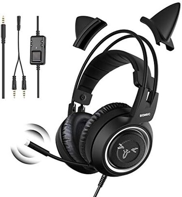 SOMIC G951s Pink Stereo Gaming Headset with Mic for PS4, Xbox One, PC, Mobile Phone, 3. 5MM Sound Detachable Cat Ear Headphones Lightweight Self-Adjusting Over Ear Headphones (Black.